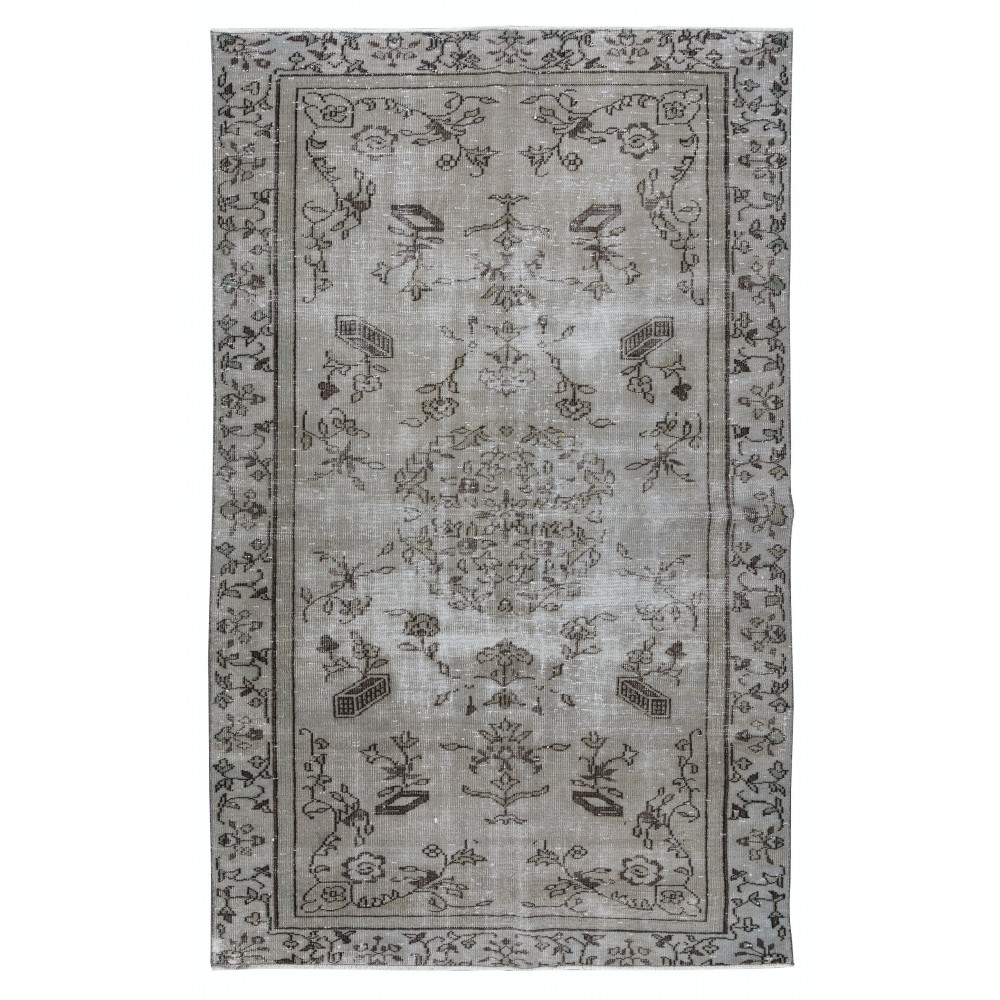 Floral Pattern Vintage Turkish Area Rug Over-Dyed in Gray, Hand-Knotted Modern Carpet