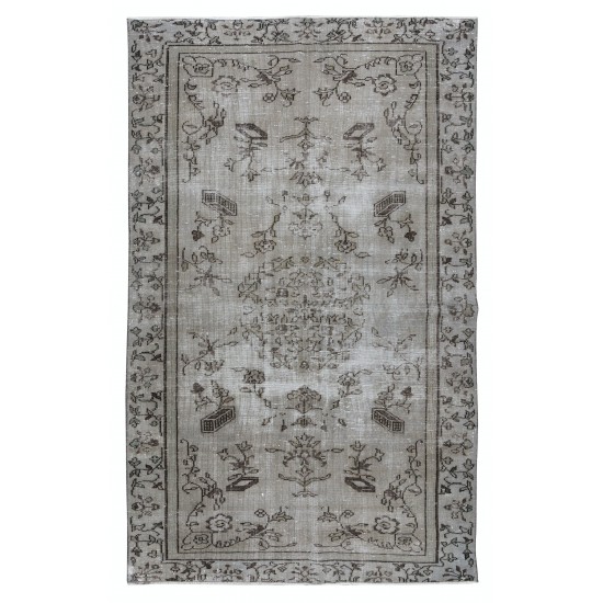 Floral Pattern Vintage Turkish Area Rug Over-Dyed in Gray, Hand-Knotted Modern Carpet