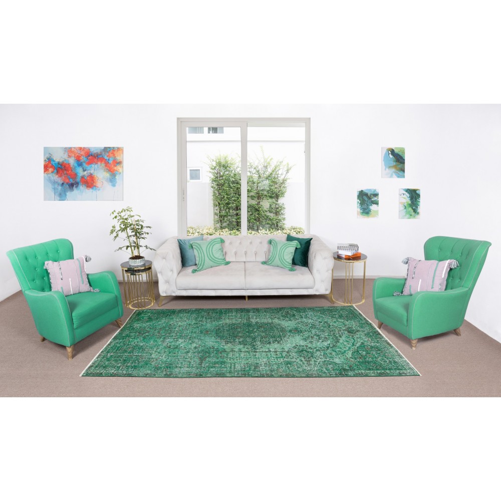 Vintage Handmade Turkish Rug Re-Dyed in Green, Great 4 Modern Interiors