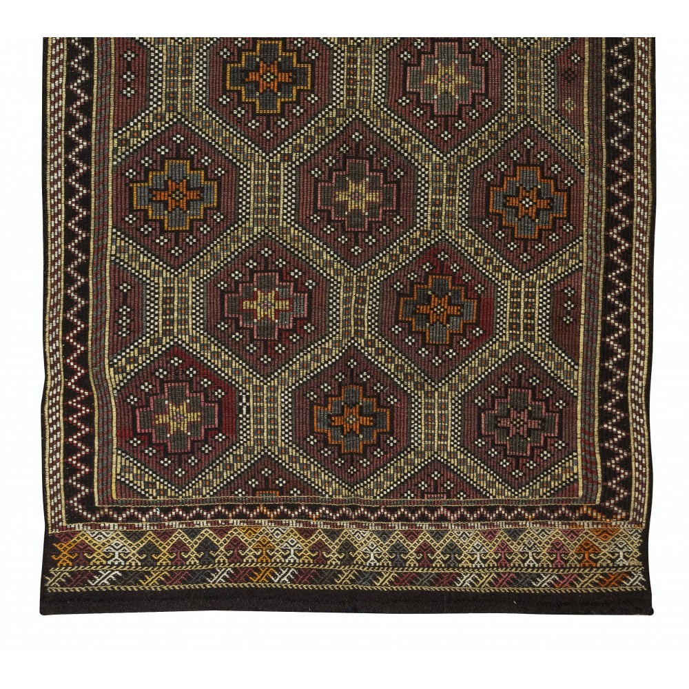 Vintage Turkish Jajim Kilim Rug, One of a Kind Hand-Woven Carpet Made of Wool