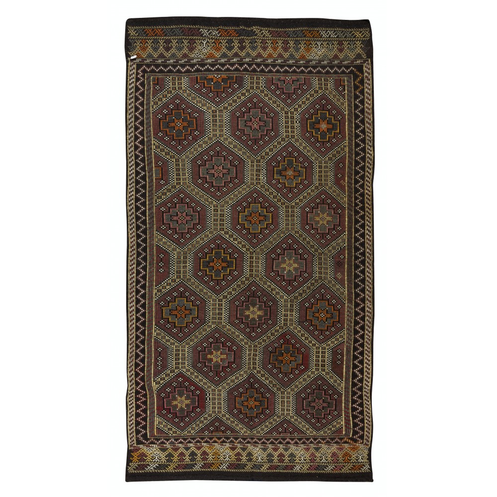 Vintage Turkish Jajim Kilim Rug, One of a Kind Hand-Woven Carpet Made of Wool