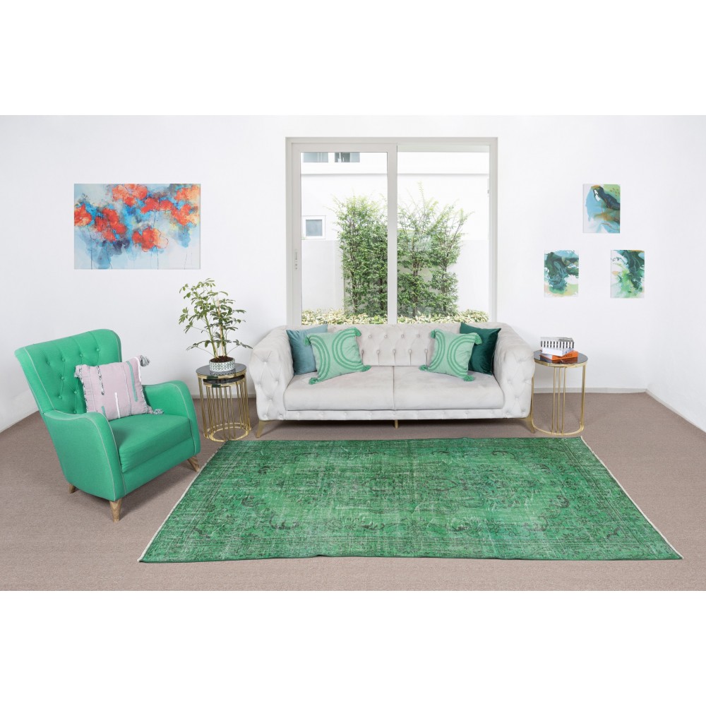 Vintage Handmade Turkish Rug Re-Dyed in Green, Great 4 Modern Interiors