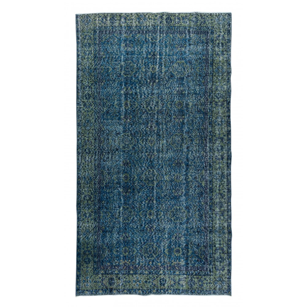 Grayish Blue Over-Dyed Rug for Modern Interiors, Vintage Hand-Knotted Turkish Carpet