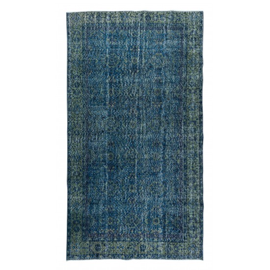 Grayish Blue Over-Dyed Rug for Modern Interiors, Vintage Hand-Knotted Turkish Carpet