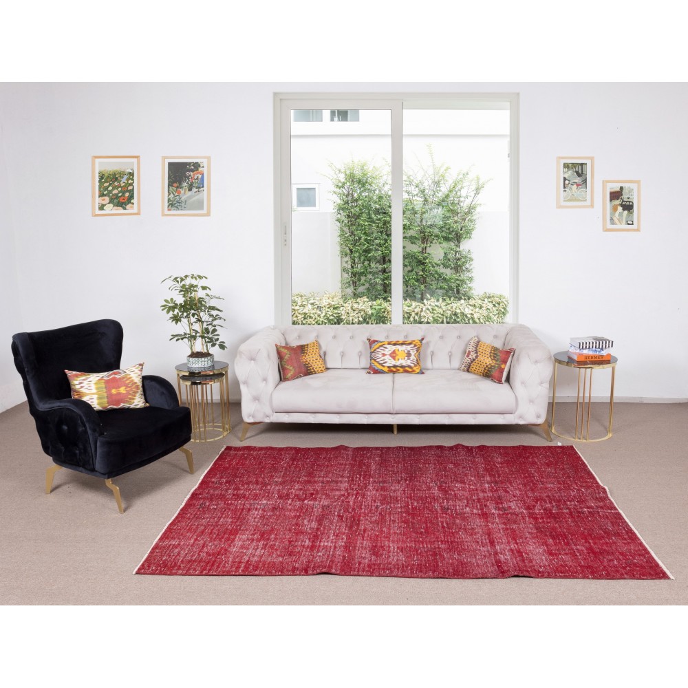 Handmade Turkish Rug Over-Dyed in Red, Ideal for Contemporary Interiors
