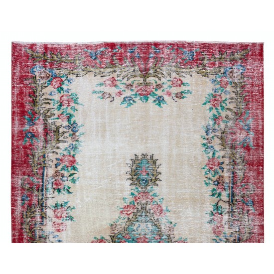 Hand Knotted Turkish Rug with Roses, Flower Design Vintage Home Decor Carpet
