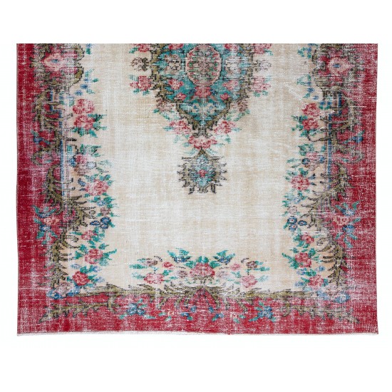 Hand Knotted Turkish Rug with Roses, Flower Design Vintage Home Decor Carpet