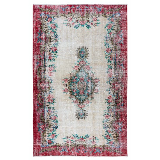 Hand Knotted Turkish Rug with Roses, Flower Design Vintage Home Decor Carpet
