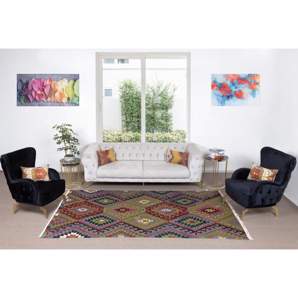 Multicolored Handmade Turkish Wool Kilim, One of a Kind Flat-Weave Rug, Floor Covering