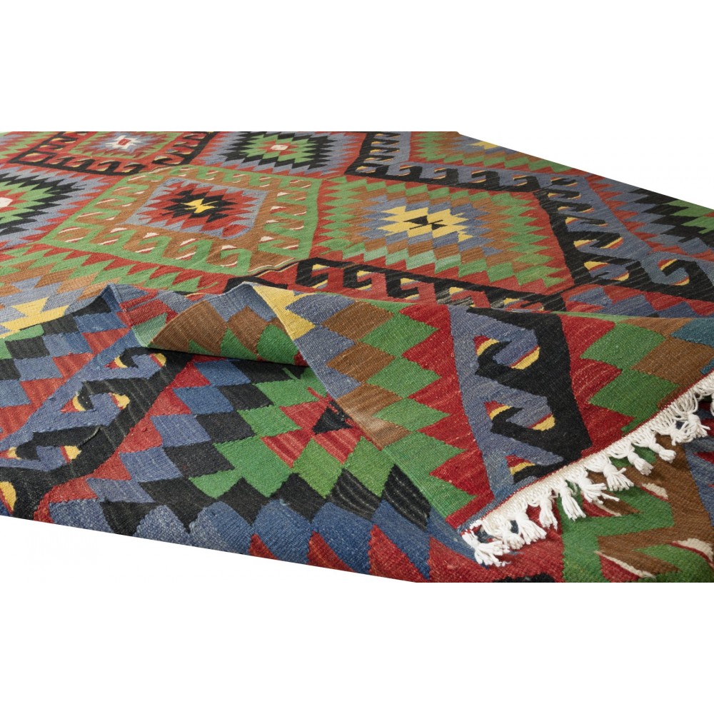Multicolored Handmade Turkish Wool Kilim, One of a Kind Flat-Weave Rug, Floor Covering