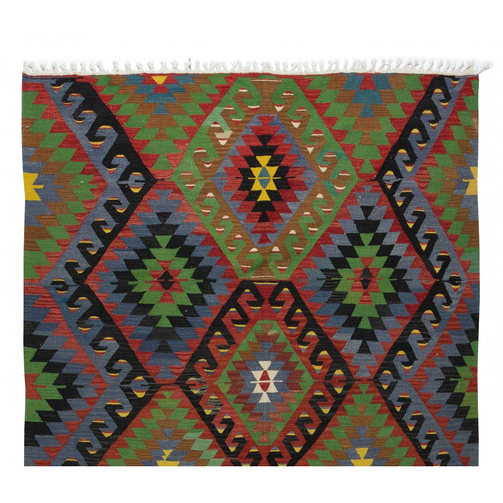 Multicolored Handmade Turkish Wool Kilim, One of a Kind Flat-Weave Rug, Floor Covering
