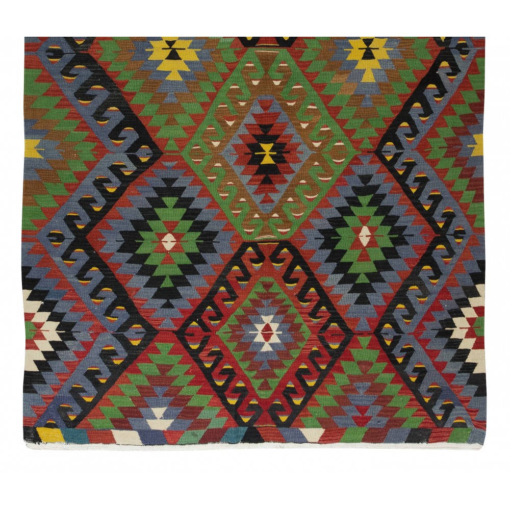 Multicolored Handmade Turkish Wool Kilim, One of a Kind Flat-Weave Rug, Floor Covering