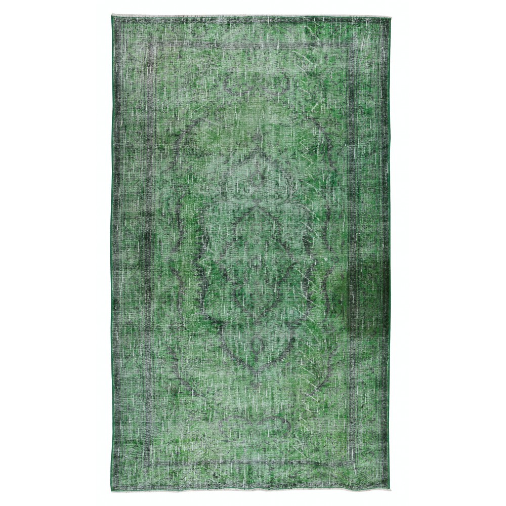 Distressed Handmade Vintage Turkish Rug Over-Dyed in Green, Great 4 Modern Interiors