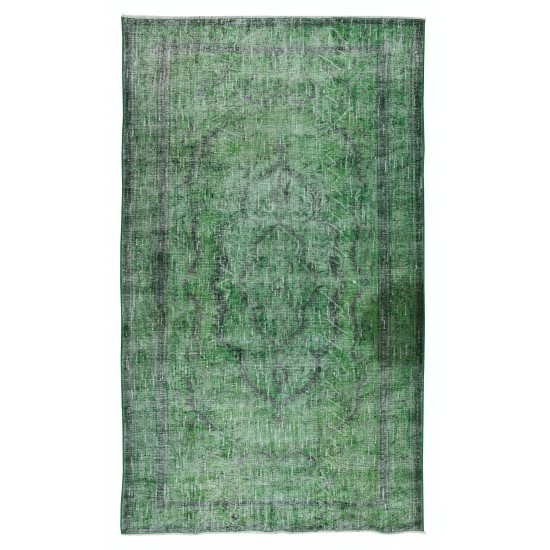 Distressed Handmade Vintage Turkish Rug Over-Dyed in Green, Great 4 Modern Interiors
