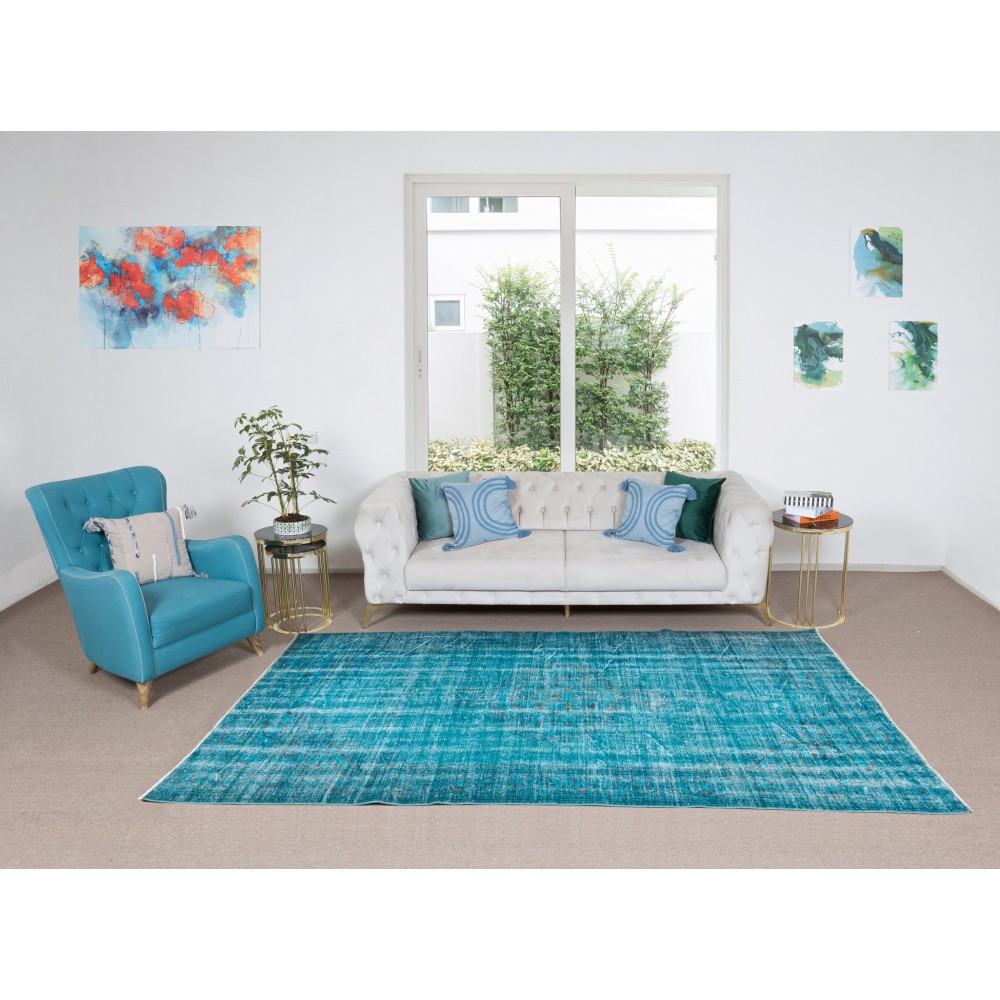 Teal Over-Dyed Rug for Modern Interiors, Vintage Hand-Knotted Turkish Wool Carpet