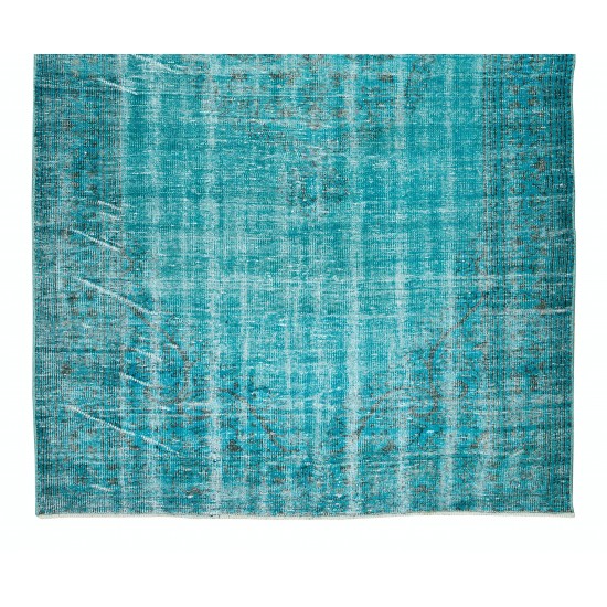 Teal Over-Dyed Rug for Modern Interiors, Vintage Hand-Knotted Turkish Wool Carpet