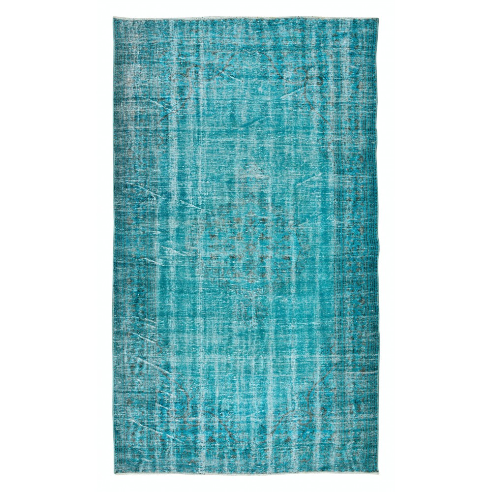 Teal Over-Dyed Rug for Modern Interiors, Vintage Hand-Knotted Turkish Wool Carpet