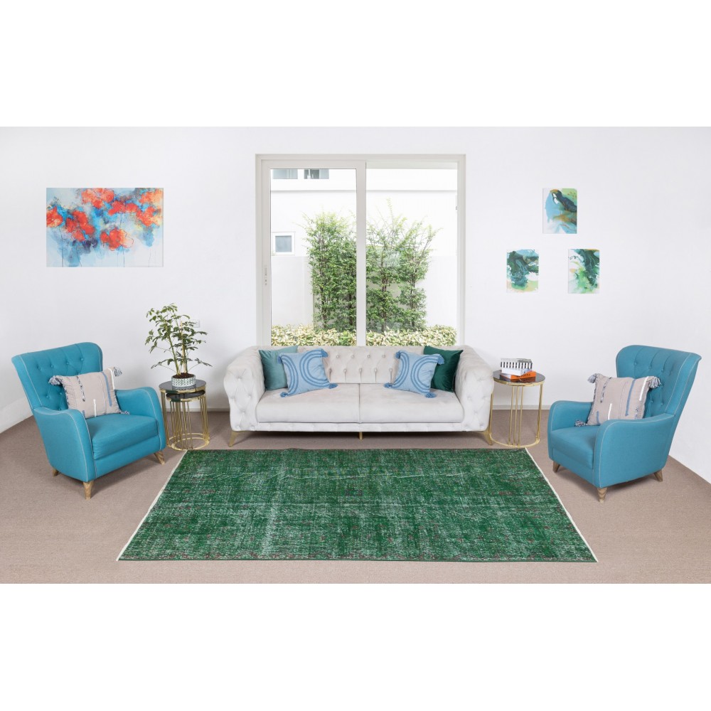 Handmade Vintage Turkish Rug Over-Dyed in Green, Great 4 Modern Interiors