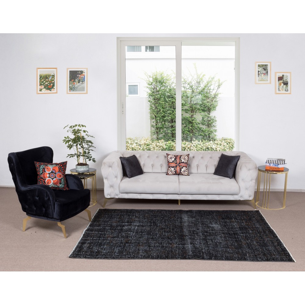 Contemporary Turkish Rug Over-Dyed in Black, Vintage Handmade Wool Carpet