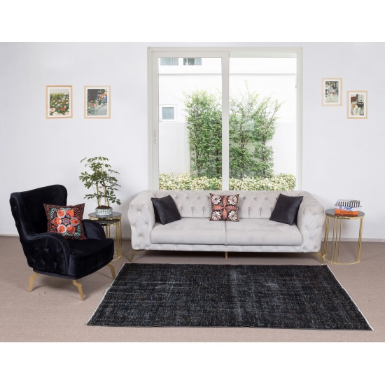 Contemporary Turkish Rug Over-Dyed in Black, Vintage Handmade Wool Carpet