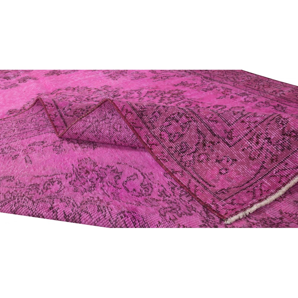 Vintage Handmade Turkish Rug Over-Dyed in Pink, Wool and Cotton Carpet with Medallion Design