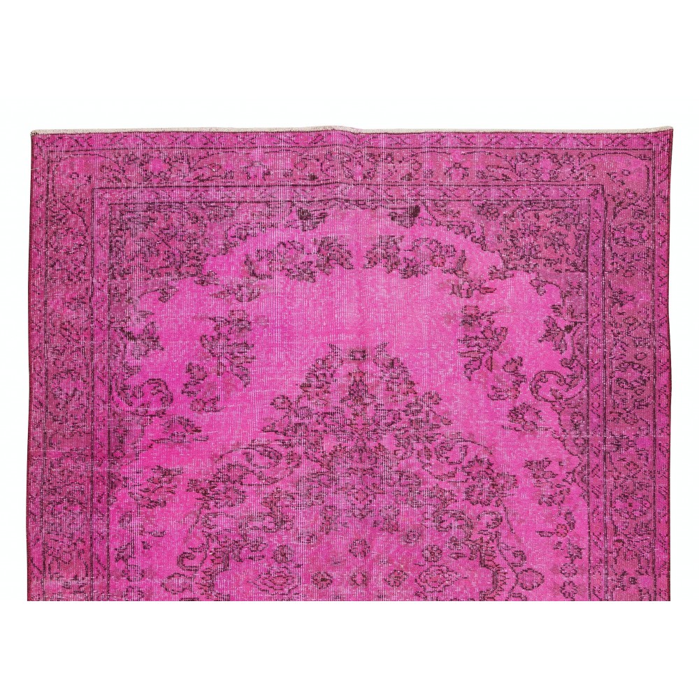 Vintage Handmade Turkish Rug Over-Dyed in Pink, Wool and Cotton Carpet with Medallion Design