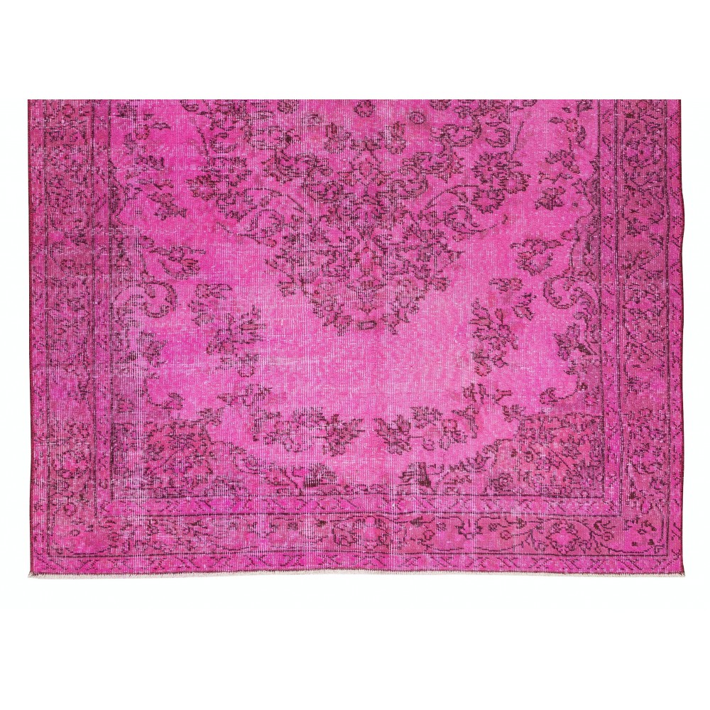 Vintage Handmade Turkish Rug Over-Dyed in Pink, Wool and Cotton Carpet with Medallion Design
