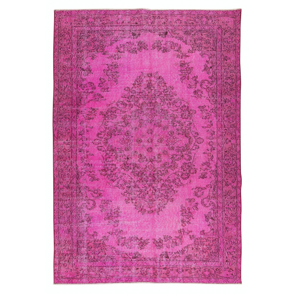 Vintage Handmade Turkish Rug Over-Dyed in Pink, Wool and Cotton Carpet with Medallion Design