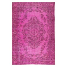 Vintage Handmade Turkish Rug Over-Dyed in Pink, Wool and Cotton Carpet with Medallion Design
