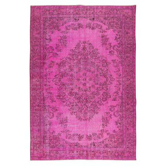 Vintage Handmade Turkish Rug Over-Dyed in Pink, Wool and Cotton Carpet with Medallion Design
