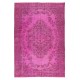 Vintage Handmade Turkish Rug Over-Dyed in Pink, Wool and Cotton Carpet with Medallion Design