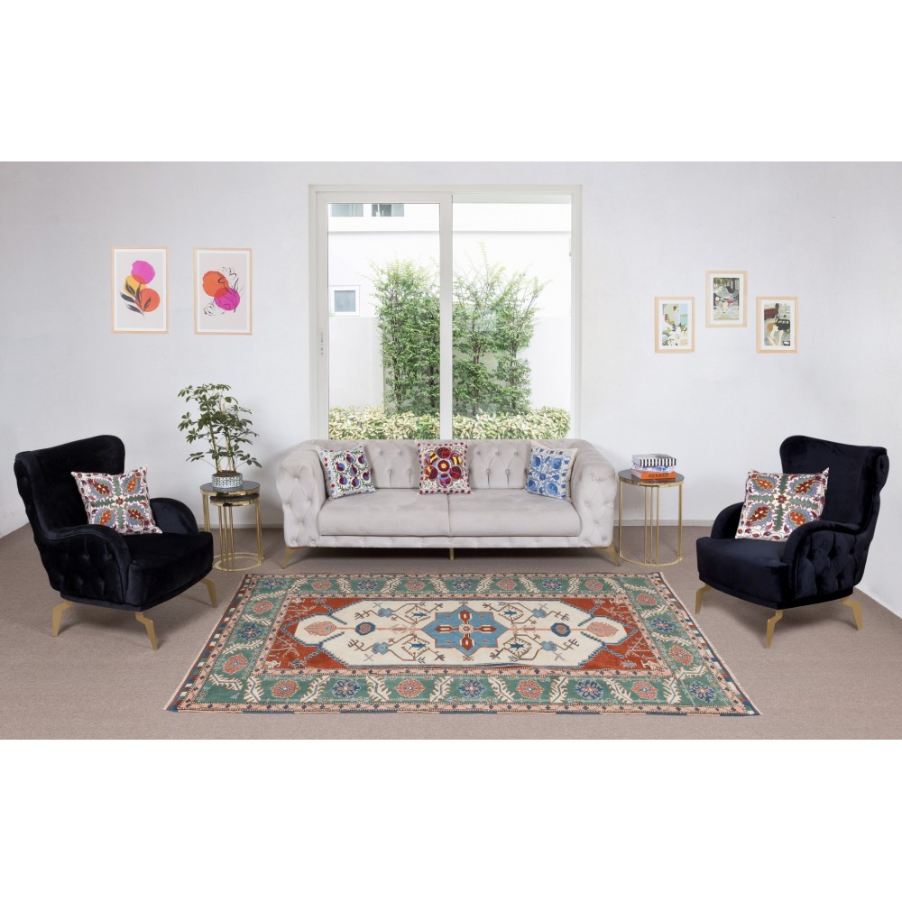 Geometric Design Rug, Authentic Handmade Turkish Carpet, 100% Wool