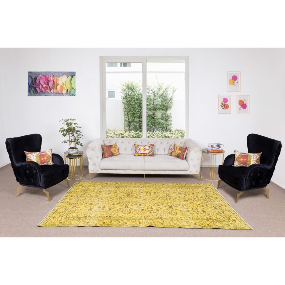 Floral Pattern Yellow Over-dyed Rug, Upcycled Turkish Handmade Wool Carpet
