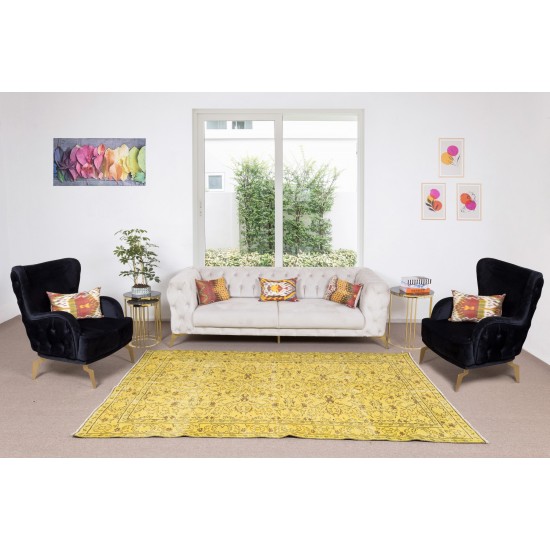 Floral Pattern Yellow Over-dyed Rug, 1960s Turkish Handmade Wool Carpet Floral Pattern Yellow Over-dyed Rug, 1960s Turkish Handmade Wool Carpet