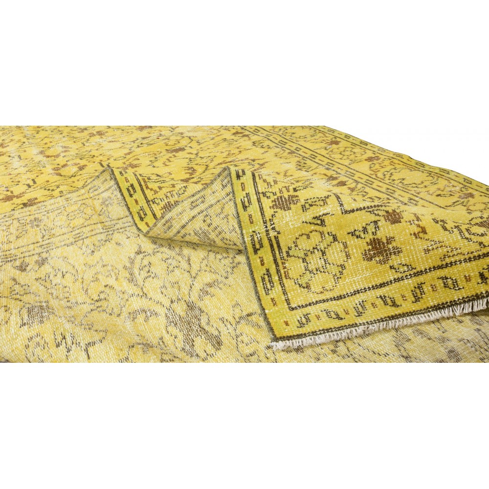 Floral Pattern Yellow Over-dyed Rug, Upcycled Turkish Handmade Wool Carpet