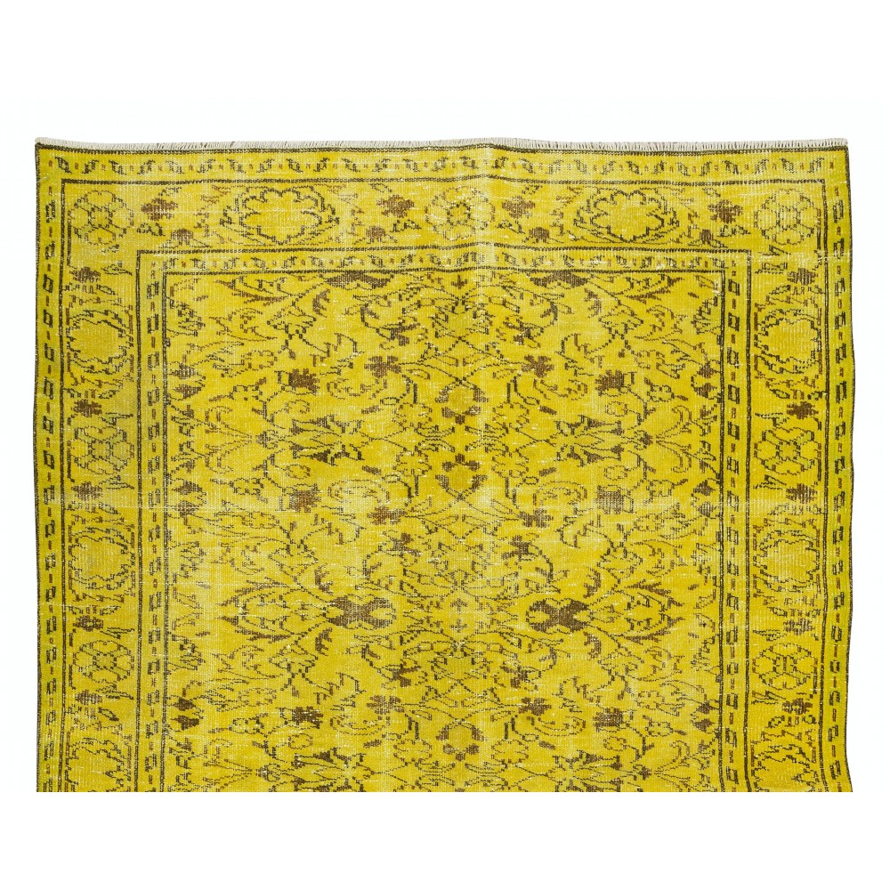 Floral Pattern Yellow Over-dyed Rug, Upcycled Turkish Handmade Wool Carpet