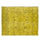 Floral Pattern Yellow Overyed Rug, 1960s Turkish Handmade Wool Carpet