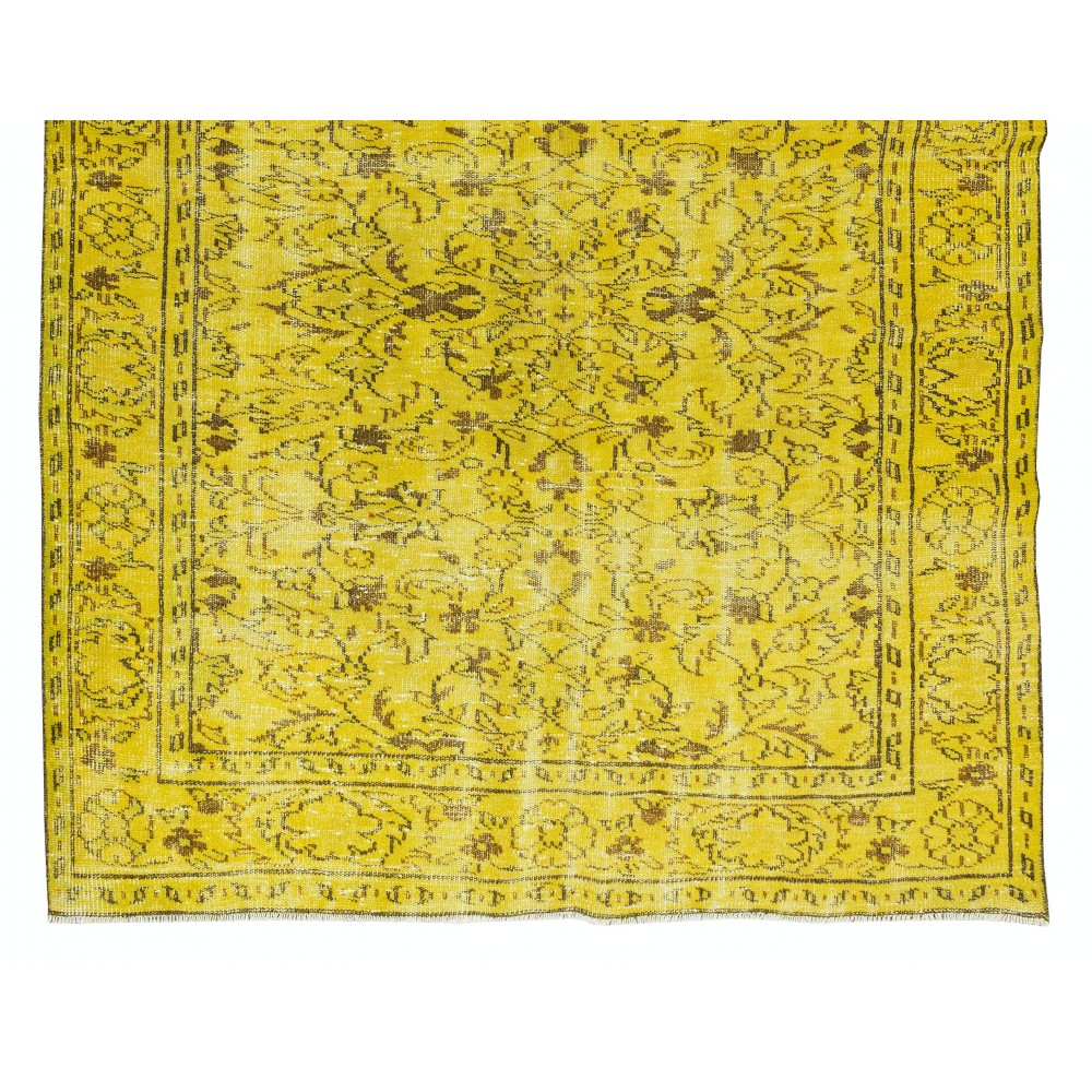Floral Pattern Yellow Over-dyed Rug, Upcycled Turkish Handmade Wool Carpet