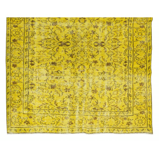 Floral Pattern Yellow Over-dyed Rug, 1960s Turkish Handmade Wool Carpet