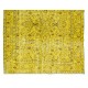 Floral Pattern Yellow Over-dyed Rug, Upcycled Turkish Handmade Wool Carpet