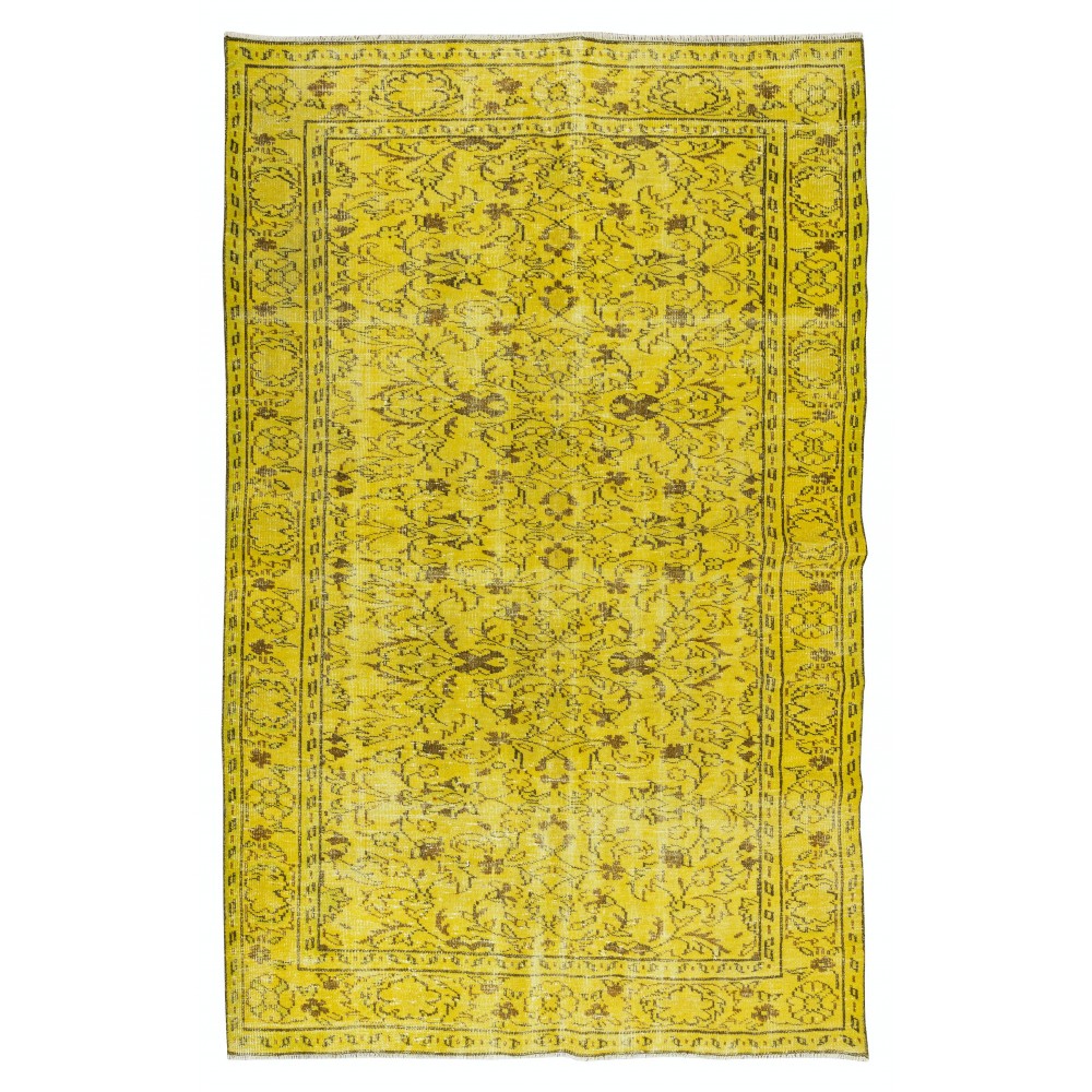 Floral Pattern Yellow Over-dyed Rug, Upcycled Turkish Handmade Wool Carpet