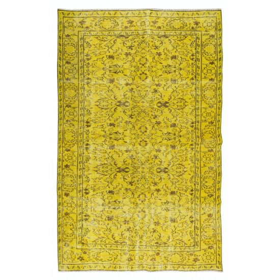 Floral Pattern Yellow Over-dyed Rug, 1960s Turkish Handmade Wool Carpet