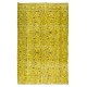 Floral Pattern Yellow Over-dyed Rug, Upcycled Turkish Handmade Wool Carpet