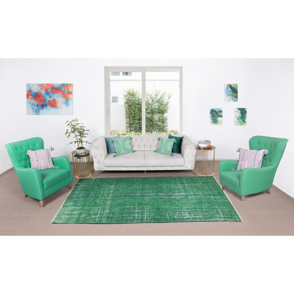 Handmade Turkish Vintage Rug in Green Color, Ideal for Modern Interiors