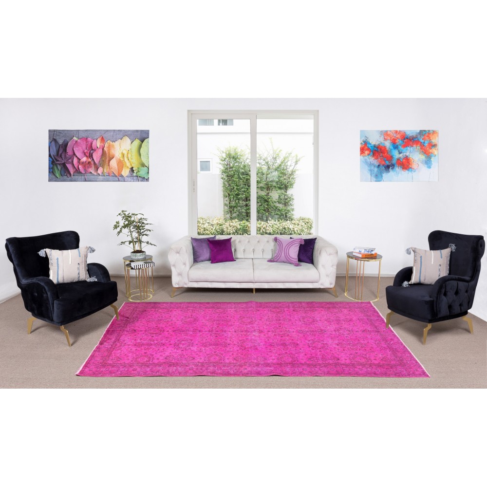 Modern Handmade Turkish Rug in Pink Color, Floral Pattern Wool Carpet