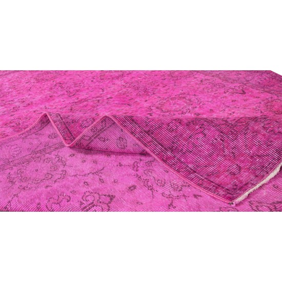Vintage Handmade Turkish Rug Over-Dyed in Pink, Floral Pattern Wool Carpet