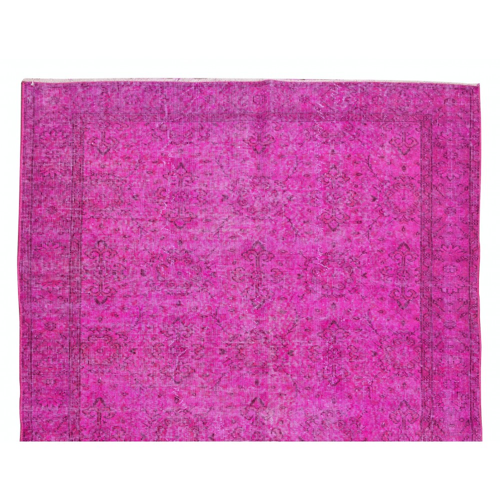 Modern Handmade Turkish Rug in Pink Color, Floral Pattern Wool Carpet