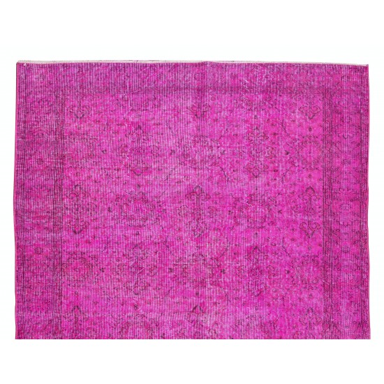 Vintage Handmade Turkish Rug Over-Dyed in Pink, Floral Pattern Wool Carpet
