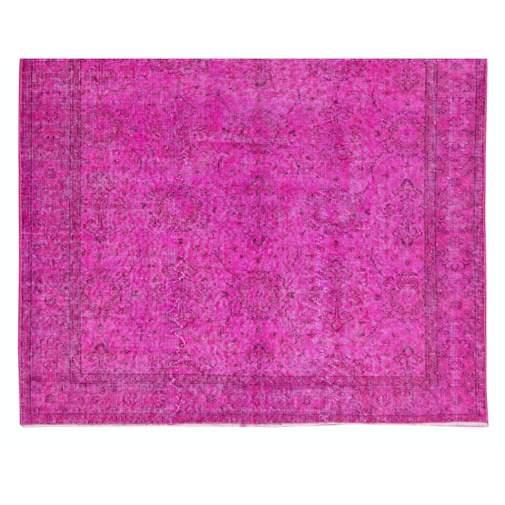 Modern Handmade Turkish Rug in Pink Color, Floral Pattern Wool Carpet