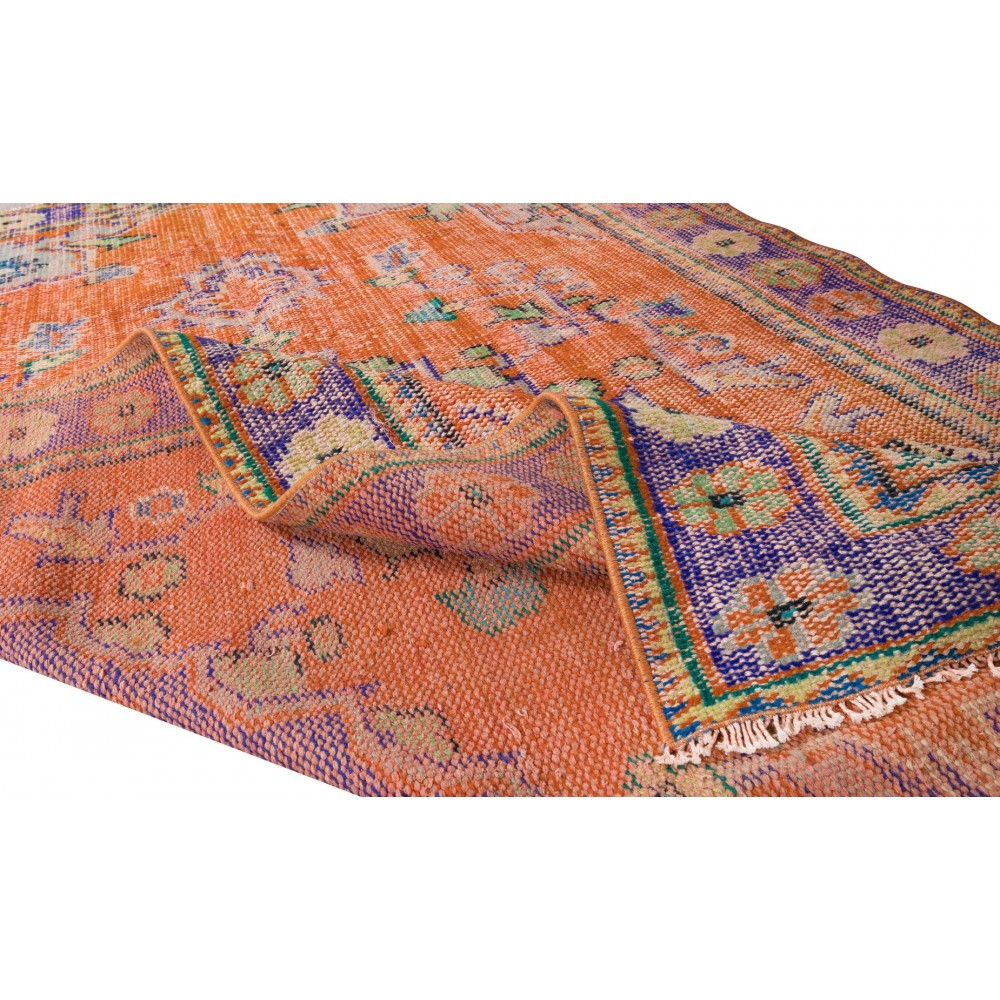 Handmade Central Anatolian Vintage Rug in Burnt Orange, Purple, Blue & Green Color with Medallion Design